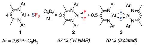 Reaction scheme for SF6 activation by [{(ArNCMe)2CH}Al]