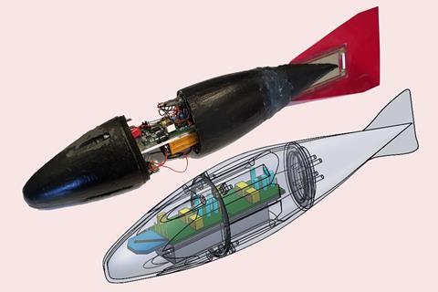 A photo of the robotic fish, its rubbery black body half-opened around the middle section to reveal the electronic components inside. Underneath a drawing of the same fish with a transparent outer shell to show the innter components