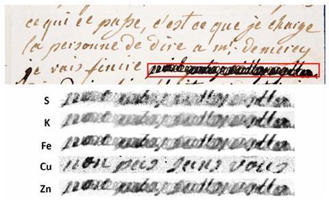 An image showing a section of handwritten letter with a short section scribbled over with black ink. Below is that same censored section but showing the ink's different elements