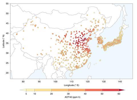 An image showing the current ozone pollution in East Asia