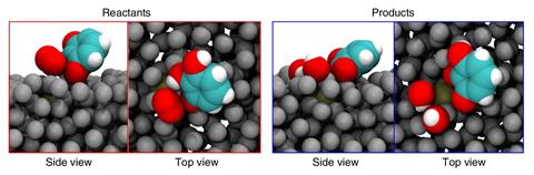 Four panels showing space-filling models of the liquid catalyst and a reactant
