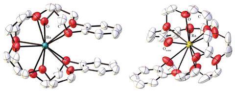 Two complex chemical structures of carbon and oxygen atoms around a single barium and a single radium